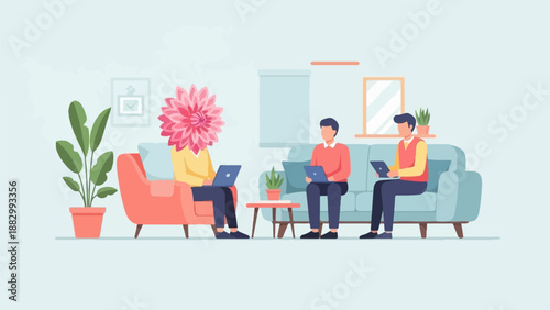 Three people with laptops in a modern living room, one with a flower head