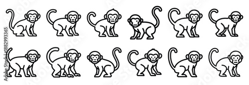 Collection of  saki monkey bushy  line art icons on white background. Set of animal linear symbols. Vector illustration.