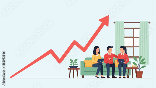 Three people with laptops on a couch with a rising graph in the background