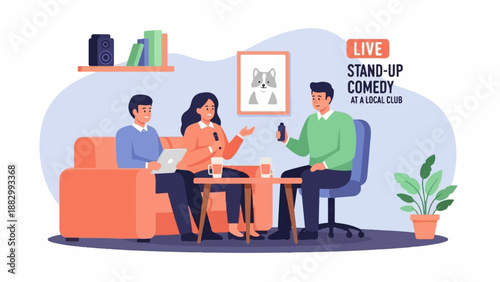 Three people enjoy a casual chat at a stand-up comedy club