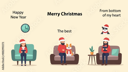 Three people with Santa hats on sofas, dogs, clock, and plant