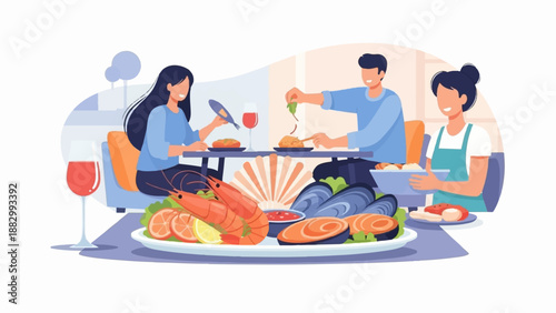 Three people enjoy a lavish seafood feast with wine at a modern dining table