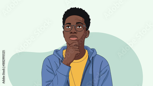 Thoughtful young person with glasses in a blue hoodie