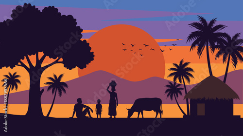 Village Sunset Vector Illustration of Rural Life Silhouette in Flat Design Style