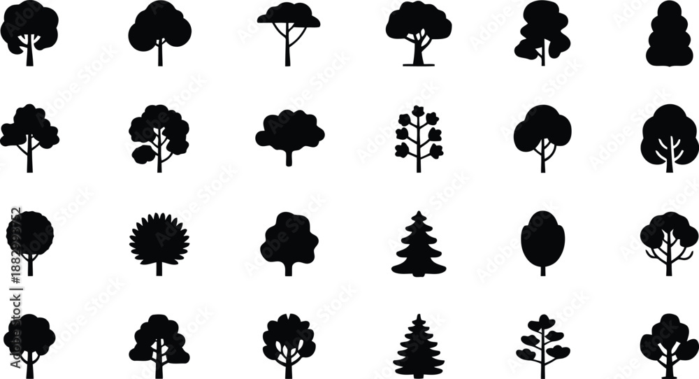 Obraz premium An extensive collection of varied black tree silhouettes showcasing diverse species and natural forms on a bright white background