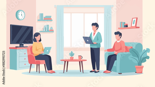 Three people work on laptops in a cozy living room with a tv, clock, and plants