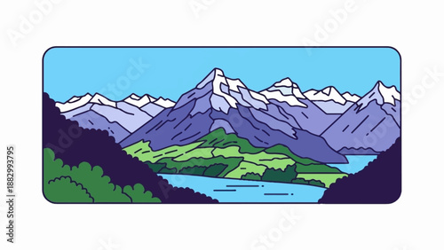 Stylized mountain peaks rise above rolling green hills and a tranquil lake