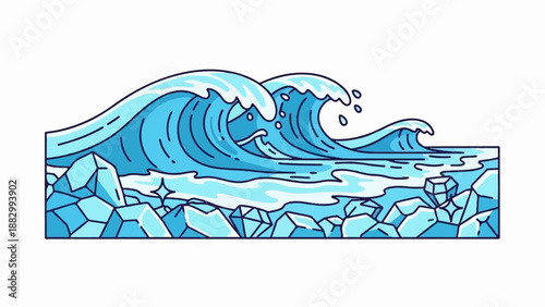 Stylized ocean waves crash against blue crystalline rocks