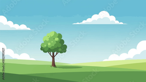 Stylized grassy rolling hills under a bright blue sky with fluffy white clouds