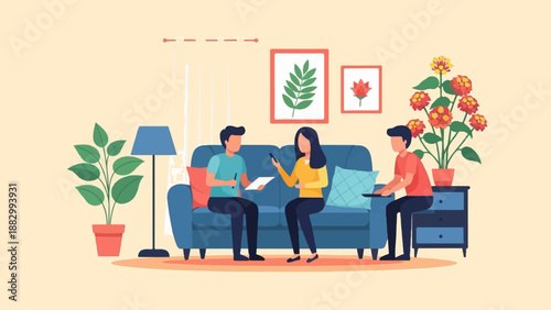 Three people in a living room on a couch with plants and art