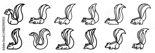 Collection of  skunk tail raised  line art icons on white background. Set of animal linear symbols. Vector illustration.