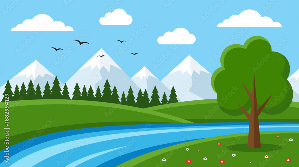 Obraz premium Flat Design Vector Illustration of a Peaceful Mountain Landscape with River and Forest