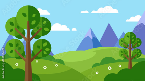 Minimalist Landscape Vector Illustration of Green Hills and Mountains in Flat Design Style