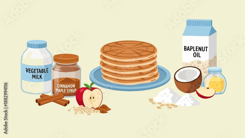 Stack of pancakes with ingredients like apples, cinnamon, coconut, and oil