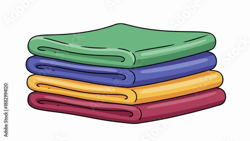 Stack of folded colorful towels or cloths, top green, blue, yellow, red