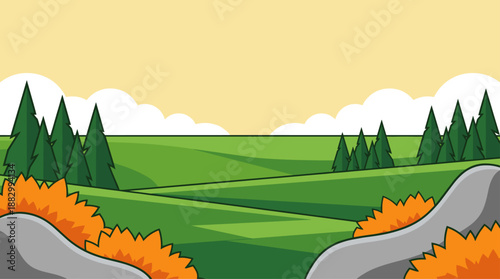 Minimalist Landscape Vector Illustration of Green Hills and Pine Forest in Flat Design Style