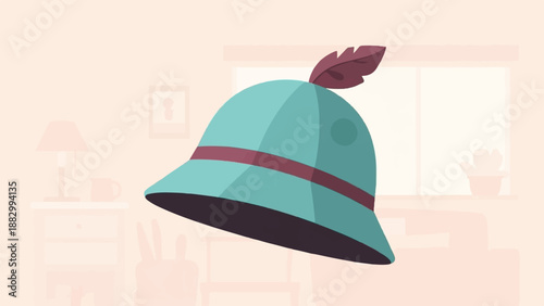 Stylized hat with feather on display indoors
