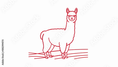 Simple red line drawing of a fluffy alpaca standing on striped ground