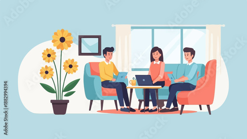 Three people work on laptops in a cozy living room with flowers
