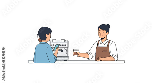 Contemporary café transaction featuring a customer engaging with a barista, digital payment interaction with a smartphone at a modern coffee machine