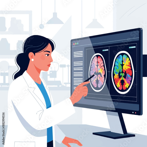Female Doctor Examines Brain Scan Images.