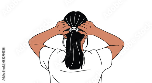 Woman styling long dark hair into a ponytail with a white claw clip, a neat and classic everyday hair routine