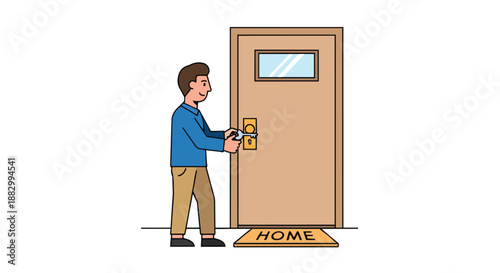 Man unlocking a door with a key, ready to enter his residence, a simple cartoon illustration showing a common daily routine, signifying personal