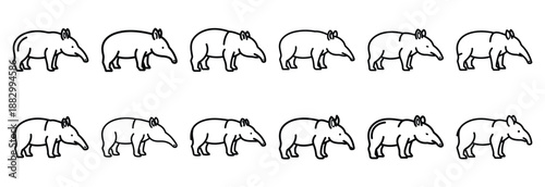 Collection of  tapir long snout  line art icons on white background. Set of animal linear symbols. Vector illustration.