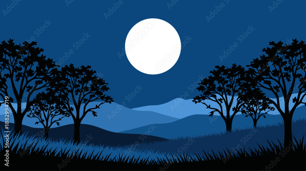 Fototapeta premium Minimalist Landscape Vector Illustration of Moonlit Hills and Forest in Flat Design Style