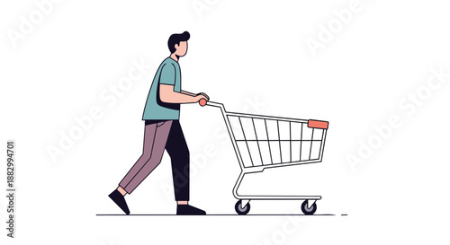 Stylized illustration of an individual confidently navigating a retail environment, pushing an empty metallic shopping trolley on a pristine white