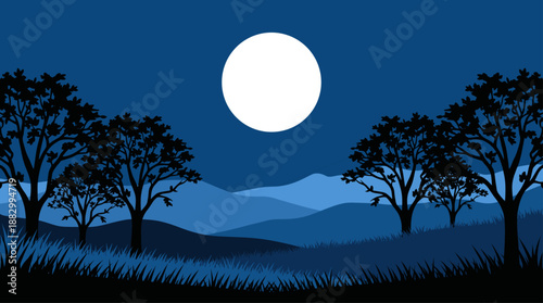 Minimalist Landscape Vector Illustration of Moonlit Hills and Forest in Flat Design Style