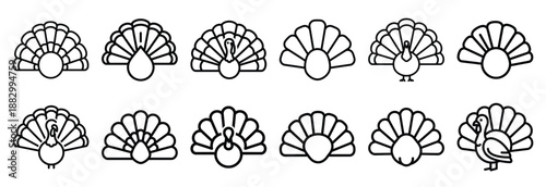 Collection of  turkey fan tail  line art icons on white background. Set of animal linear symbols. Vector illustration.