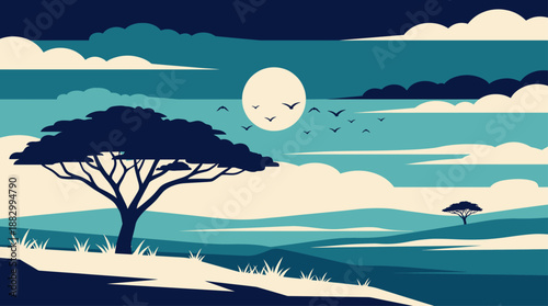 Minimalist Flat Design Vector Illustration of Savannah Landscape with Acacia Trees and Sun