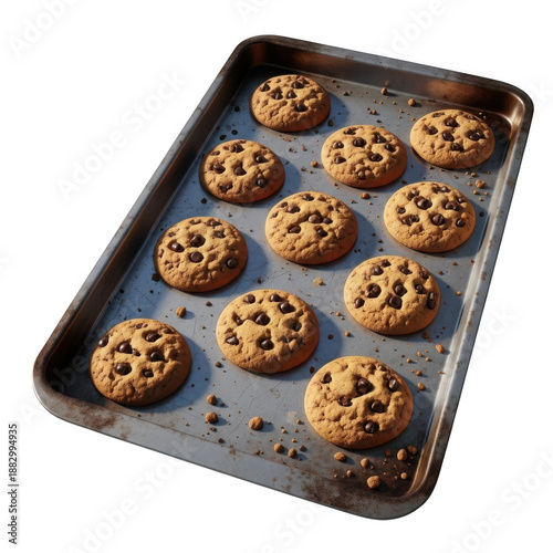 Freshly baked chocolate chip cookies on tray
