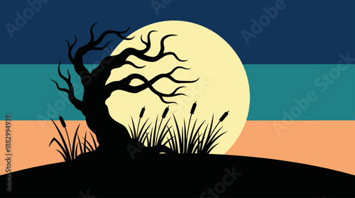 Minimalist Landscape Vector Illustration of a Gnarled Tree and Moon at Sunset