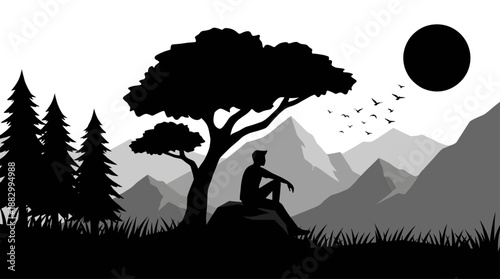 Minimalist Vector Illustration of Man Sitting Under Tree with Mountain Silhouette Flat Design