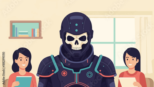 Sci-fi character with skull helmet and two women holding tablets in a room