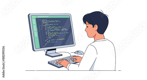 Young developer actively coding on a desktop computer illustrating modern software engineering and digital innovation process