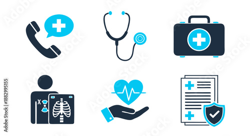 Medical Icons Representing Healthcare Services, Insurance, and Patient Care, Such as a Phone Consultation, Stethoscope, First Aid Kit, X-ray Scan, Heartbeat Monitor, and Health Insurance Document
