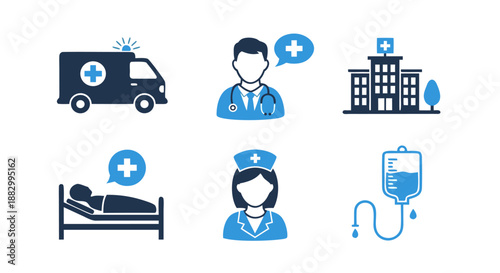 Medical Icons Set Featuring Ambulance, Doctor, Hospital, Patient, Nurse, And IV Drip