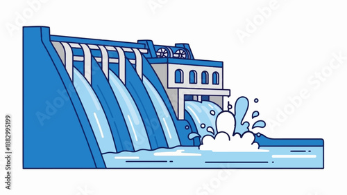 Stylized hydroelectric dam with cascading water and power house