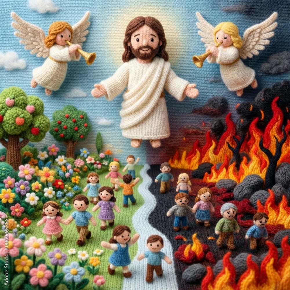Naklejka premium Knitted jesus with angels watching over children on path to heaven or hell. Biblical Christian story concept for kid education or Sunday school.