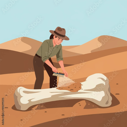 Man brushing dinosaur fossil bone.