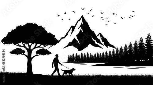 Minimalist Landscape Vector Illustration of Man Walking Dog in Nature with Mountains and Forest