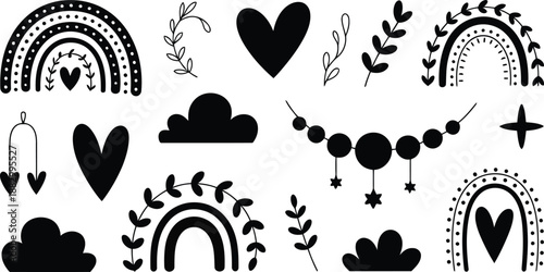 Collection of black bohemian style graphic elements including rainbows hearts and clouds