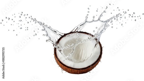 A halved coconut with water splashing out against a black background