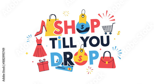 An energetic illustration showcasing the excitement and abundance of retail therapy, featuring diverse fashion accessories and payment options for