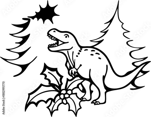 Tyrannosaurus rex with holly leaves and berries standing among pine trees and holly berries silhouette design