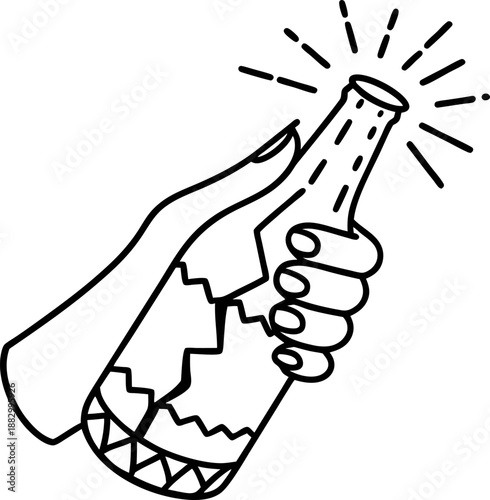 Hand holding a broken bottle with sharp jagged edges, caution and danger symbol, cracked glass hazard illustration