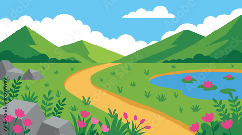Peaceful Mountain Landscape with Winding Path and Pond Vector Illustration in Flat Design